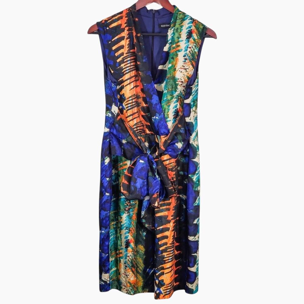 Ellen Tracy Dress Size 12 Blue Orange Faux Wrap Maximalist Bold Print